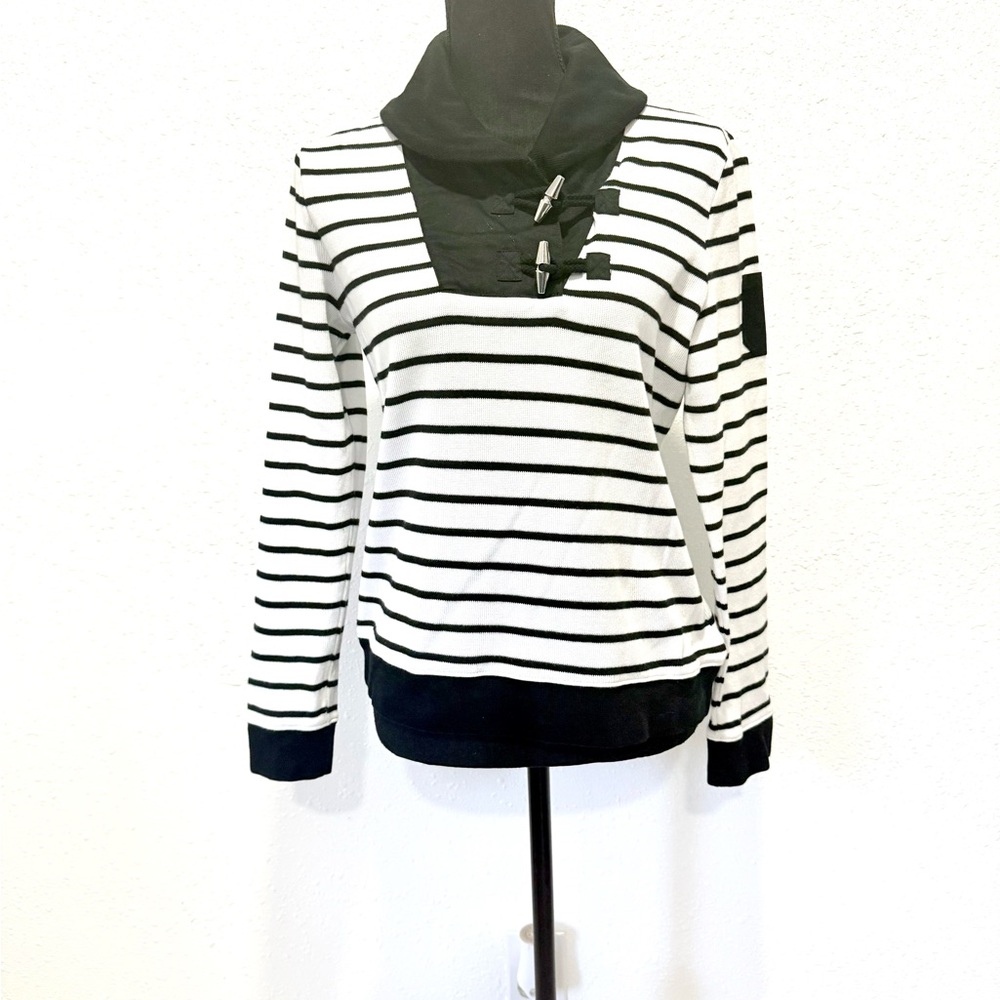 Lauren Ralph‎ Lauren Black and White Striped Cowl Neck Sweater MP